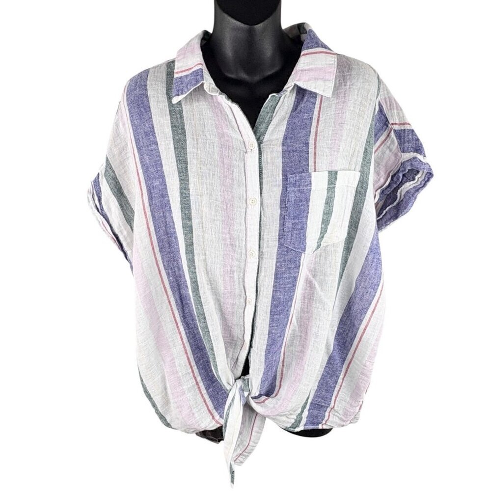 Linen Blend Rolled Short Sleeve Tie-Hem Waist Striped Button Up Top Women’s XL